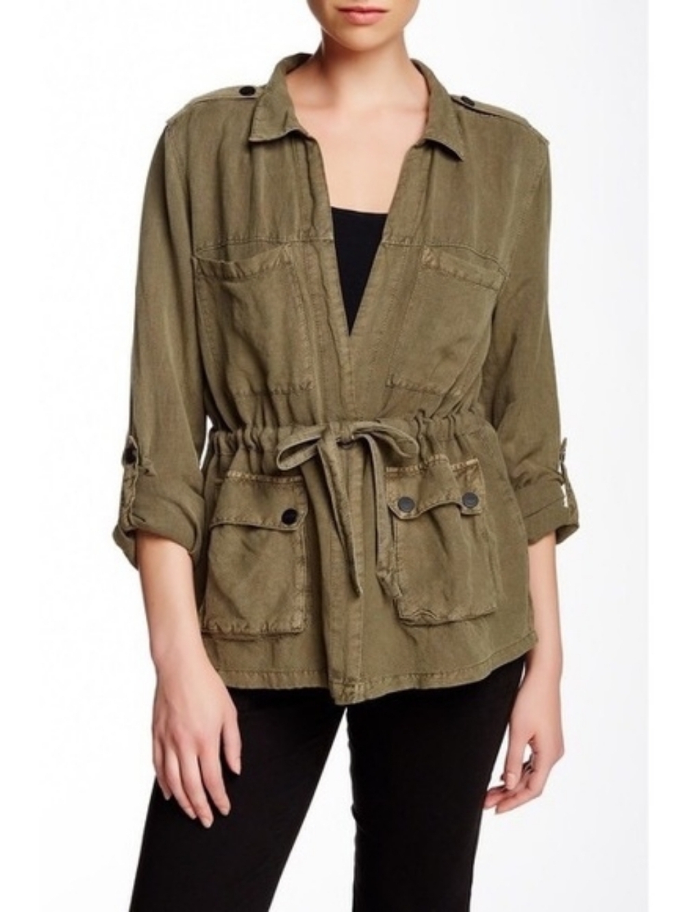 Sanctuary Olive Green Linen Blend Utility Jacket Tie Waist Size Small